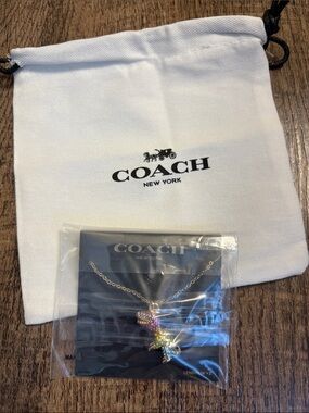 RARE Coach Gold-Tone Rainbow Multi-Color Rexy Dinosaur Crystal Pendant Necklace